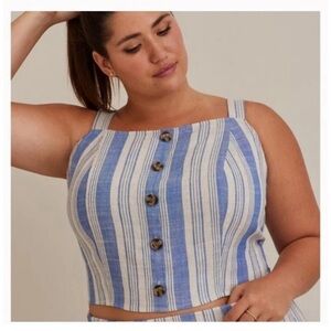Torrid Linen Blend Button-Front Crop Blue Strip Tank Top